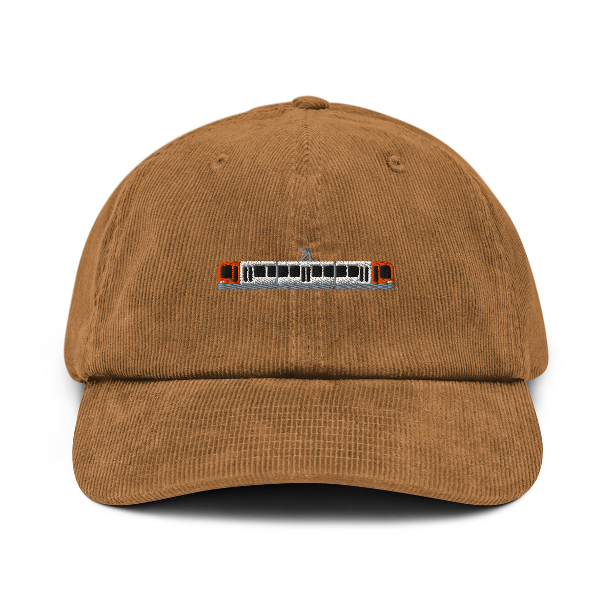Cord-Cap in Camel mit gestickter Straßenbahn