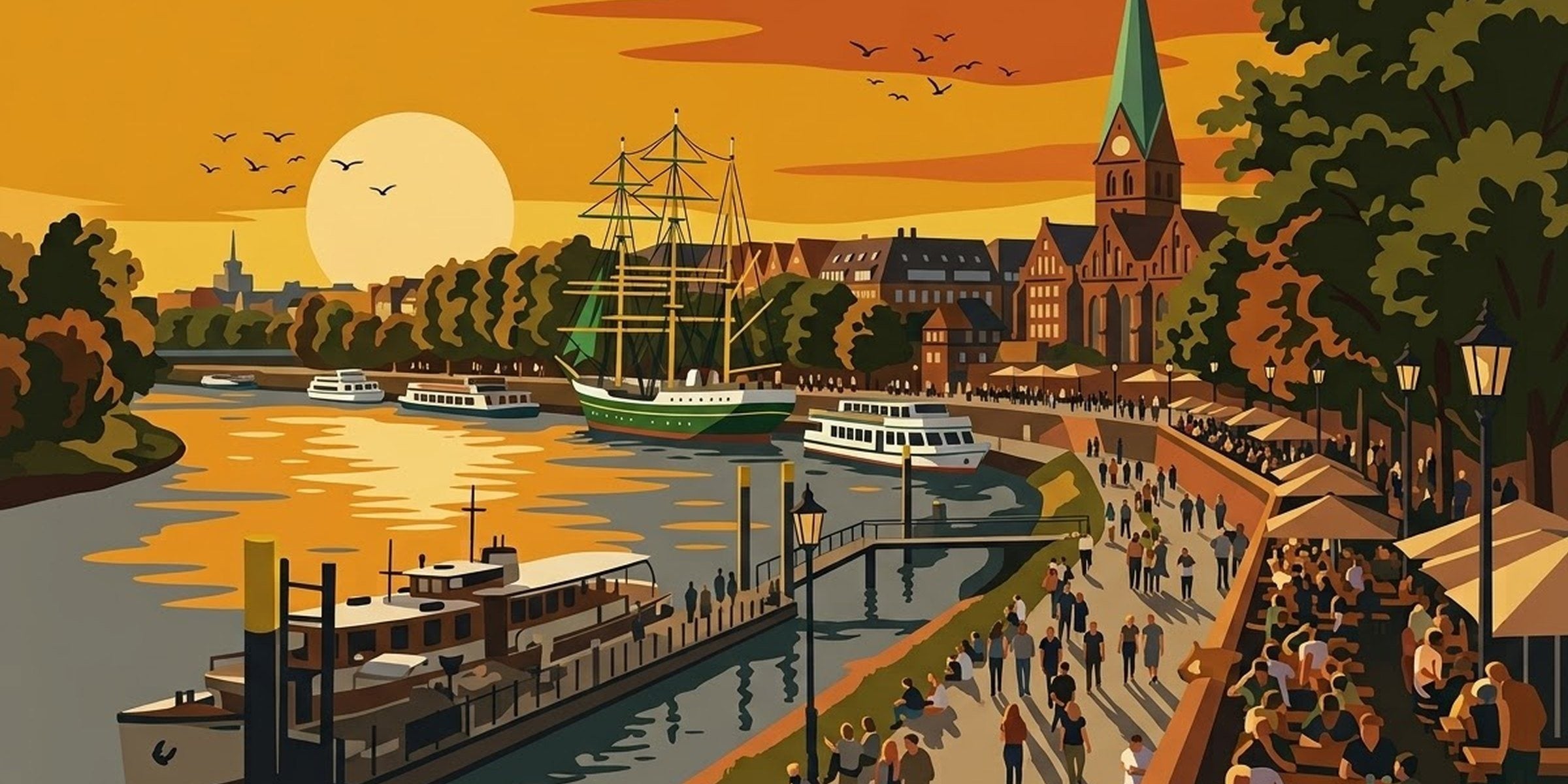 Illustration der Schlachte bei Sonnenuntergang mit Segelschiff an der Weser